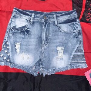 Distressed Blue Denim Jean Shorts with Frayed Hem
